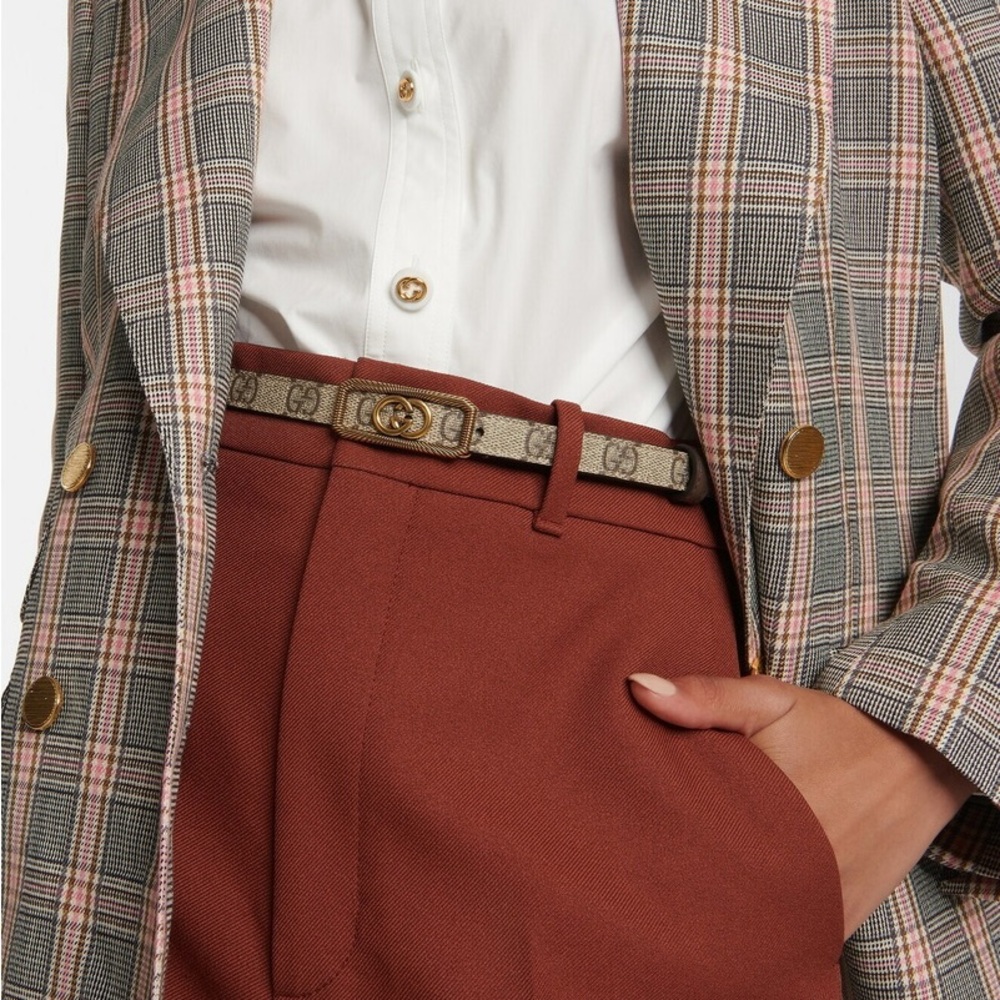 Gucci Monogram Tan and Brown Belt with Gold Emblem. Nwt - Picture 4 of 5
